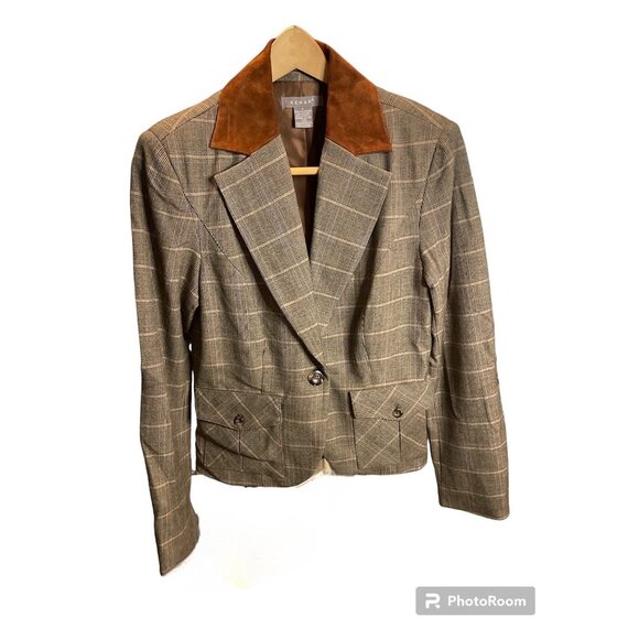 Kenar Brown Plaid Suede Leather Trim Elbow Pads Single Button Blazer Sz 8 - Picture 1 of 10